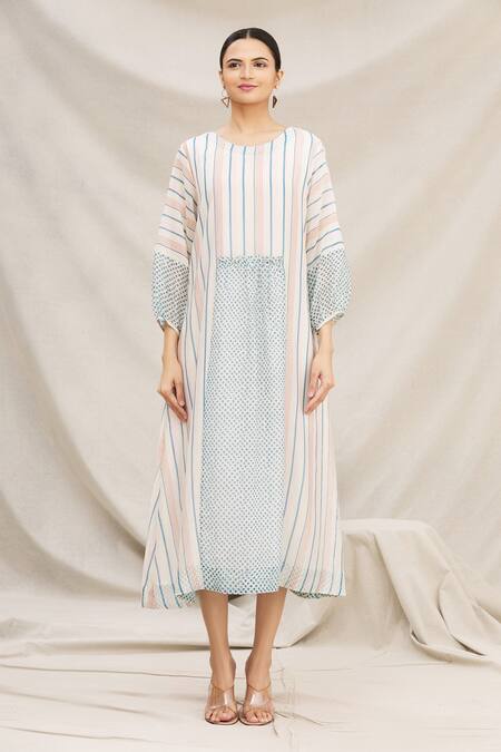 Buy Meghna Panchmatia White Chanderi Silk Round Printed Midi Dress Online at Aza Fashions Buy_Meghna Panchmatia_White Chanderi Silk Round Printed Midi Dress _Online_at_Aza_Fashions