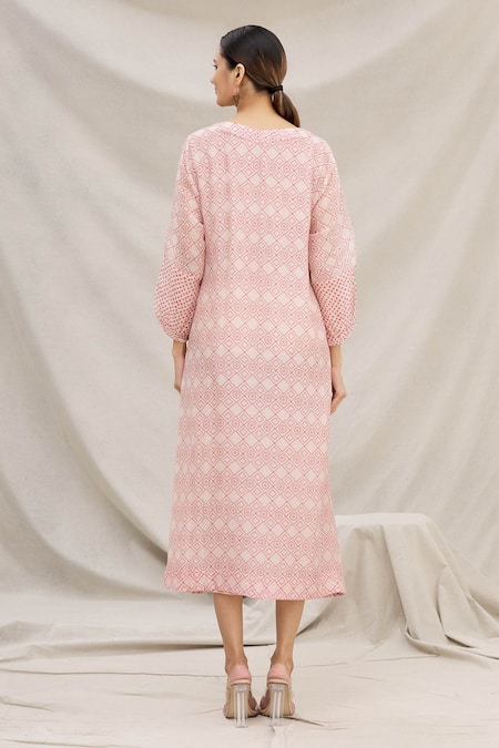 Shop Meghna Panchmatia Pink Chanderi Silk Round Printed Midi Dress at Aza Fashions Shop_Meghna Panchmatia_Pink Chanderi Silk Round Printed Midi Dress _at_Aza_Fashions