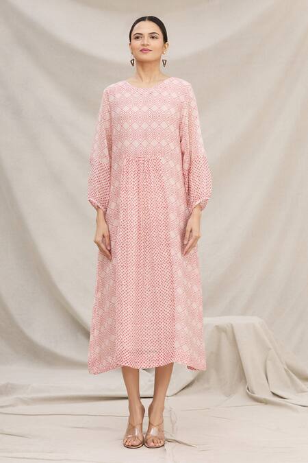 Meghna Panchmatia Pink Chanderi Silk Round Printed Midi Dress Online at Aza Fashions Meghna Panchmatia_Pink Chanderi Silk Round Printed Midi Dress _Online_at_Aza_Fashions