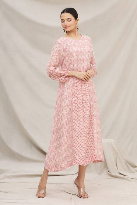 Buy Meghna Panchmatia Pink Chanderi Silk Round Printed Midi Dress Online at Aza Fashions Buy_Meghna Panchmatia_Pink Chanderi Silk Round Printed Midi Dress _Online_at_Aza_Fashions
