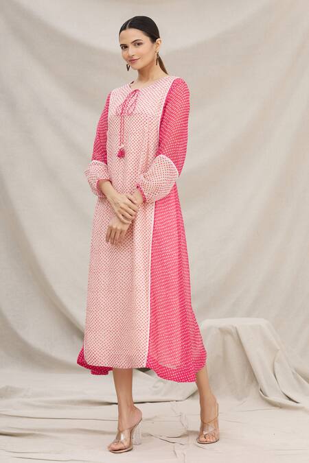 Buy Meghna Panchmatia Pink Chanderi Silk Round Printed Midi Dress Online at Aza Fashions Buy_Meghna Panchmatia_Pink Chanderi Silk Round Printed Midi Dress _Online_at_Aza_Fashions