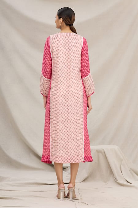 Shop Meghna Panchmatia Pink Chanderi Silk Round Printed Midi Dress at Aza Fashions Shop_Meghna Panchmatia_Pink Chanderi Silk Round Printed Midi Dress _at_Aza_Fashions