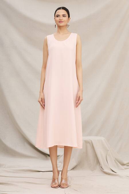 Shop Meghna Panchmatia Pink Chanderi Silk Round Printed Midi Dress Online at Aza Fashions Shop_Meghna Panchmatia_Pink Chanderi Silk Round Printed Midi Dress _Online_at_Aza_Fashions