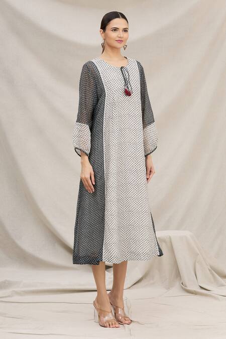 Meghna Panchmatia_Black Chanderi Silk Round Printed Midi Dress _Online_at_Aza_Fashions