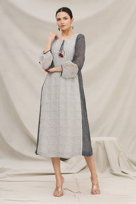 Buy_Meghna Panchmatia_Black Chanderi Silk Round Printed Midi Dress _Online_at_Aza_Fashions