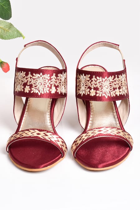 Shop_Sole House_Maroon Embroidered Floral Block Heels _at_Aza_Fashions