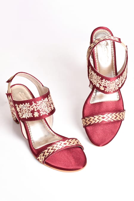 Sole House_Maroon Embroidered Floral Block Heels _Online_at_Aza_Fashions