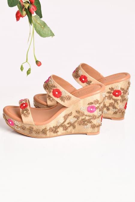 Buy Beige Embroidered Floral Wedges by Sole House Online at Aza Fashions.