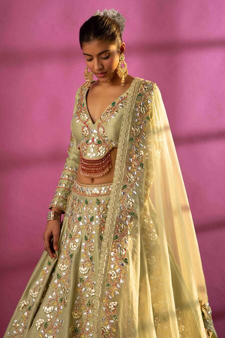 Rachit Khanna_Green Raw Silk V Neck Embroidered Bridal Lehenga Set _Online_at_Aza_Fashions