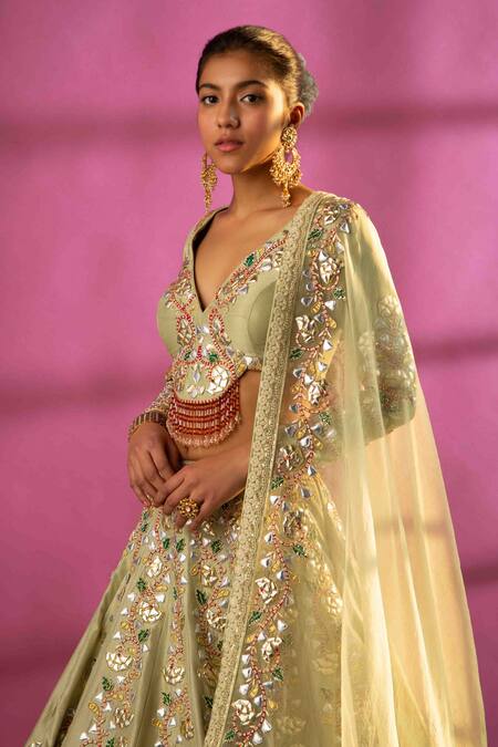Buy_Rachit Khanna_Green Raw Silk V Neck Embroidered Bridal Lehenga Set _Online_at_Aza_Fashions