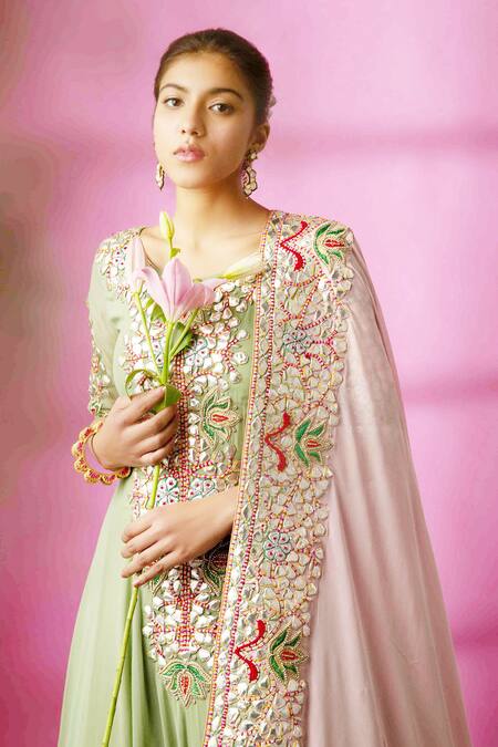 Rachit Khanna_Green Georgette Scoop Neck Embroidered Anarkali With Dupatta _Online_at_Aza_Fashions