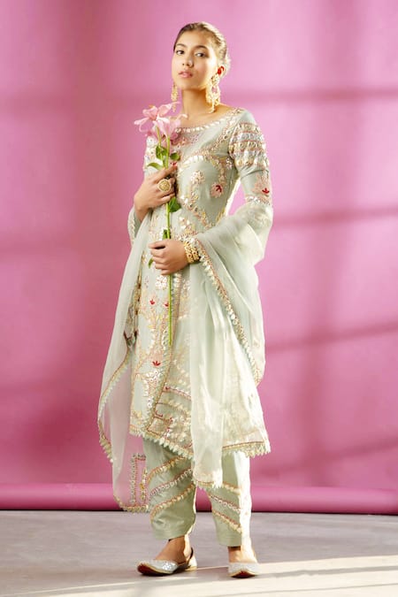 Shop Rachit Khanna Grey Raw Silk Boat Embroidered Kurta Set at Aza Fashions Shop_Rachit Khanna_Grey Raw Silk Boat Embroidered Kurta Set _at_Aza_Fashions