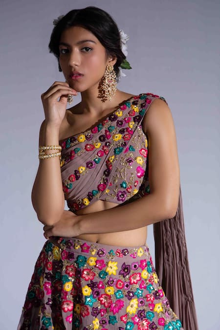 Rachit Khanna_Pink Georgette Asymmetric Embroidered One Shoulder Lehenga Set_Online_at_Aza_Fashions