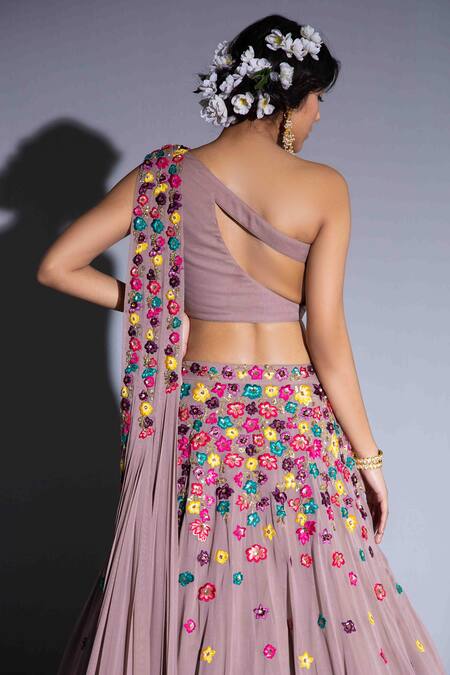 Buy_Rachit Khanna_Pink Georgette Asymmetric Embroidered One Shoulder Lehenga Set_Online_at_Aza_Fashions