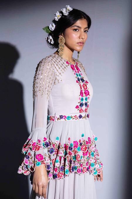 Rachit Khanna_Grey Georgette Round Embroidered Anarkali Lehenga Set_Online_at_Aza_Fashions