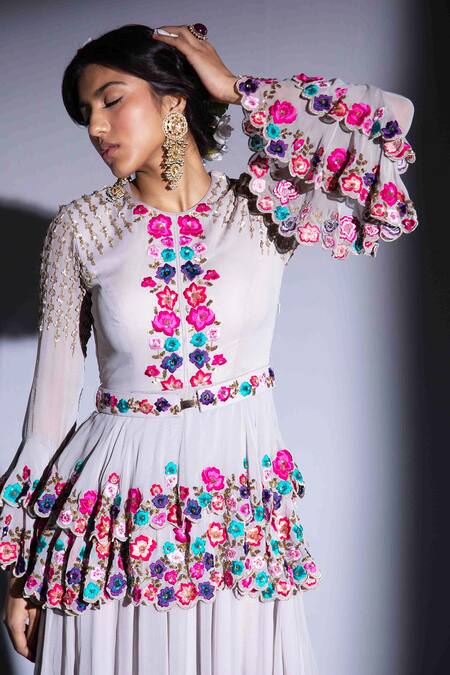 Buy_Rachit Khanna_Grey Georgette Round Embroidered Anarkali Lehenga Set_Online_at_Aza_Fashions