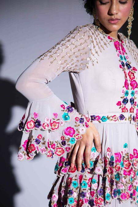 Shop_Rachit Khanna_Grey Georgette Round Embroidered Anarkali Lehenga Set_Online_at_Aza_Fashions