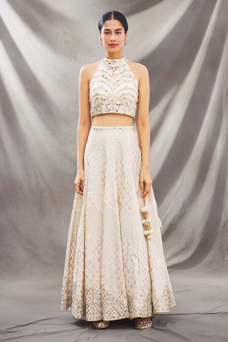 Vandana Sethi_White Chanderi Halter Embroidered Lehenga Set_Online_at_Aza_Fashions