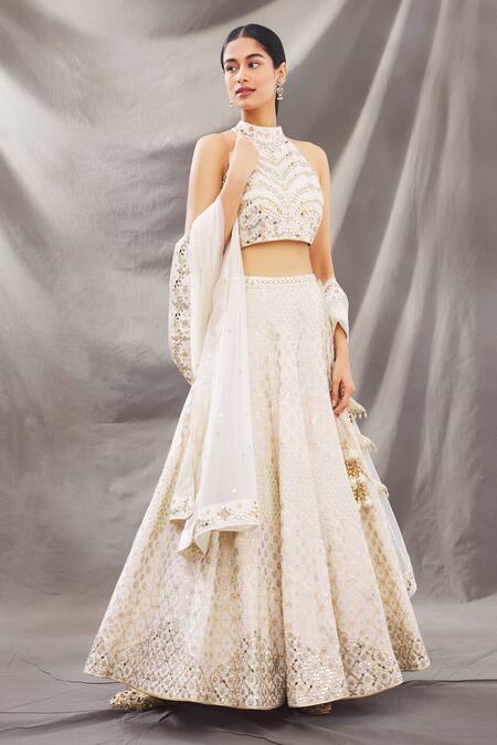 Buy_Vandana Sethi_White Chanderi Halter Embroidered Lehenga Set_Online_at_Aza_Fashions
