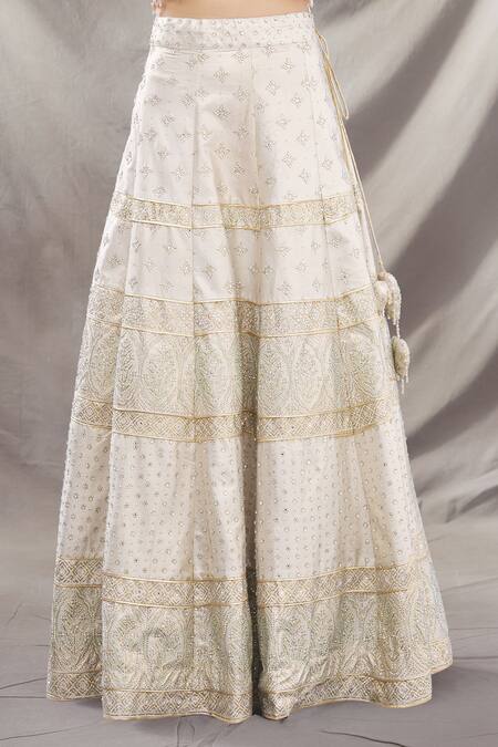 Shop_Vandana Sethi_White Dupion Raw Silk V Neck Embroidered Lehenga Set_Online_at_Aza_Fashions