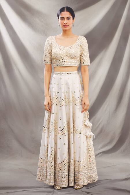 Vandana Sethi_White Dupion Raw Silk Round Embroidered Lehenga Set_Online_at_Aza_Fashions