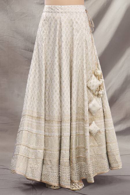 Shop_Vandana Sethi_White Dupion Raw Silk Round Embroidered Lehenga Set_Online_at_Aza_Fashions