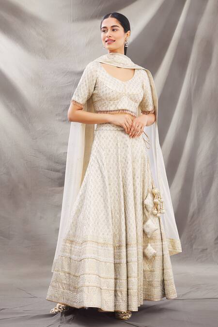 Vandana Sethi_White Dupion Raw Silk Round Embroidered Lehenga Set_Online_at_Aza_Fashions