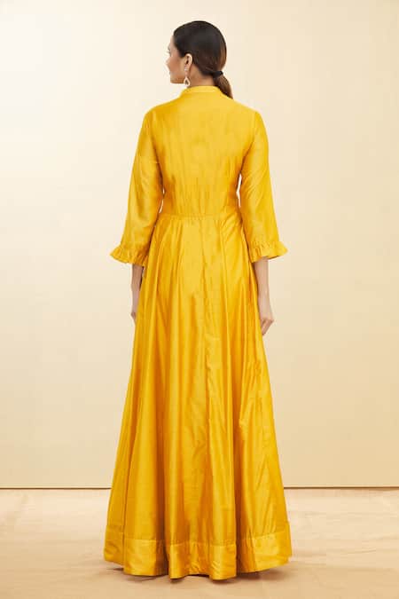 Shop_Samyukta Singhania_Yellow Chanderi Embroidery Mandarin Collar Mustard Anarkali Set _at_Aza_Fashions