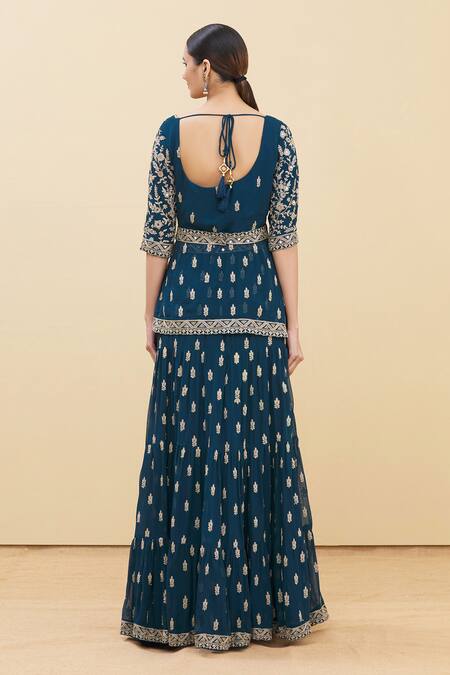Shop Samyukta Singhania Blue Georgette, Chiffon Embroidery Boat Neck Floral Kurta Lehenga Set at Aza Fashions Shop_Samyukta Singhania_Blue Georgette, Chiffon Embroidery Boat Neck Floral Kurta Lehenga Set_at_Aza_Fashions