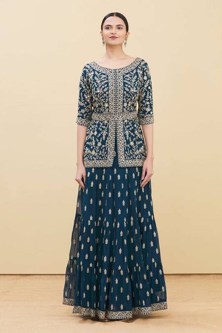 Samyukta Singhania Blue Georgette, Chiffon Embroidery Boat Neck Floral Kurta Lehenga Set Online at Aza Fashions Samyukta Singhania_Blue Georgette, Chiffon Embroidery Boat Neck Floral Kurta Lehenga Set_Online_at_Aza_Fashions