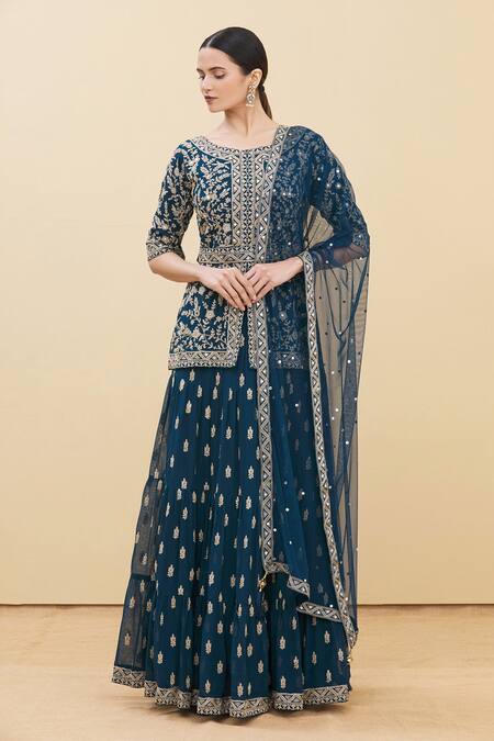 Buy Samyukta Singhania Blue Georgette, Chiffon Embroidery Boat Neck Floral Kurta Lehenga Set Online at Aza Fashions Buy_Samyukta Singhania_Blue Georgette, Chiffon Embroidery Boat Neck Floral Kurta Lehenga Set_Online_at_Aza_Fashions