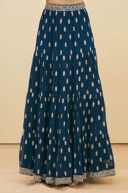 Shop Samyukta Singhania Blue Georgette, Chiffon Embroidery Boat Neck Floral Kurta Lehenga Set Online at Aza Fashions Shop_Samyukta Singhania_Blue Georgette, Chiffon Embroidery Boat Neck Floral Kurta Lehenga Set_Online_at_Aza_Fashions