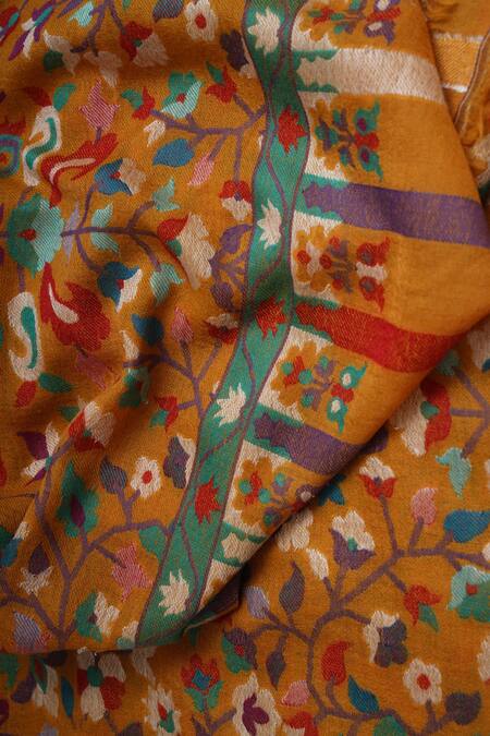 Dusala_Yellow Cashmere Embroidered Shawl_Online_at_Aza_Fashions