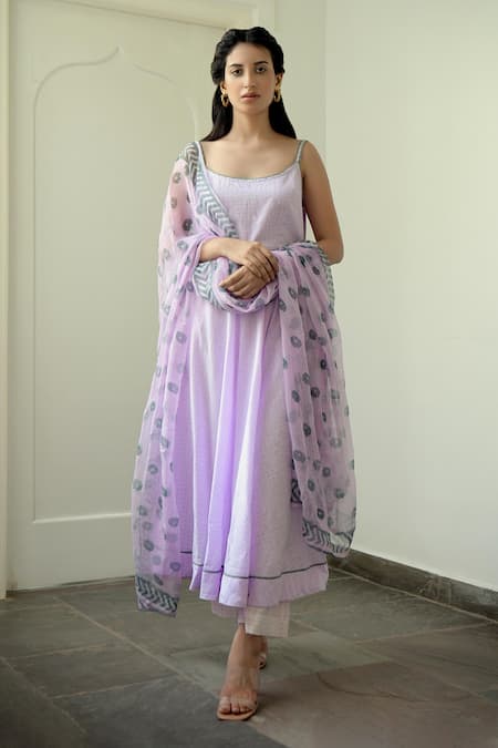 Taro Purple Anarkali Handwoven Cotton, Dupatta Chiffon, Pant Mulmul Scoop Neck Set Online at Aza Fashions Taro_Purple Anarkali Handwoven Cotton, Dupatta Chiffon, Pant Mulmul Scoop Neck Set _Online_at_Aza_Fashions