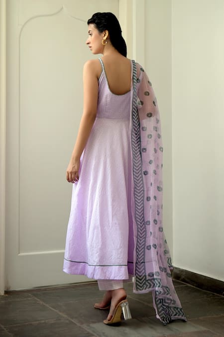 Shop Taro Purple Anarkali Handwoven Cotton, Dupatta Chiffon, Pant Mulmul Scoop Neck Set at Aza Fashions Shop_Taro_Purple Anarkali Handwoven Cotton, Dupatta Chiffon, Pant Mulmul Scoop Neck Set _at_Aza_Fashions