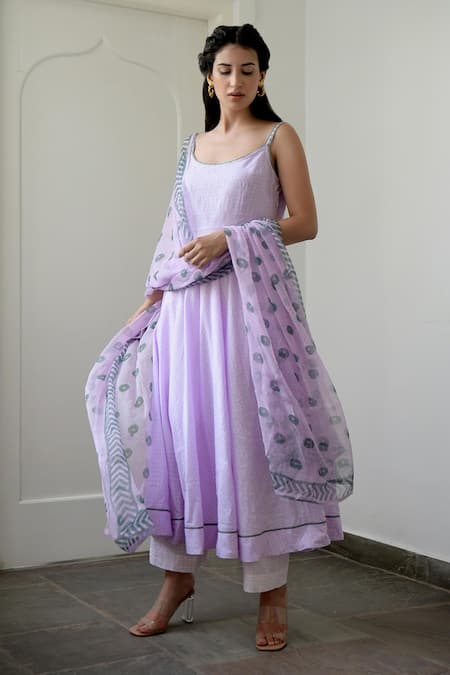 Buy Taro Purple Anarkali Handwoven Cotton, Dupatta Chiffon, Pant Mulmul Scoop Neck Set Online at Aza Fashions Buy_Taro_Purple Anarkali Handwoven Cotton, Dupatta Chiffon, Pant Mulmul Scoop Neck Set _Online_at_Aza_Fashions