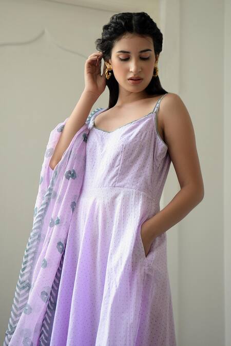 Shop Taro Purple Anarkali Handwoven Cotton, Dupatta Chiffon, Pant Mulmul Scoop Neck Set Online at Aza Fashions Shop_Taro_Purple Anarkali Handwoven Cotton, Dupatta Chiffon, Pant Mulmul Scoop Neck Set _Online_at_Aza_Fashions