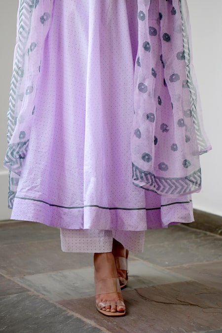 Taro Purple Anarkali Handwoven Cotton, Dupatta Chiffon, Pant Mulmul Scoop Neck Set at Aza Fashions Taro_Purple Anarkali Handwoven Cotton, Dupatta Chiffon, Pant Mulmul Scoop Neck Set _at_Aza_Fashions
