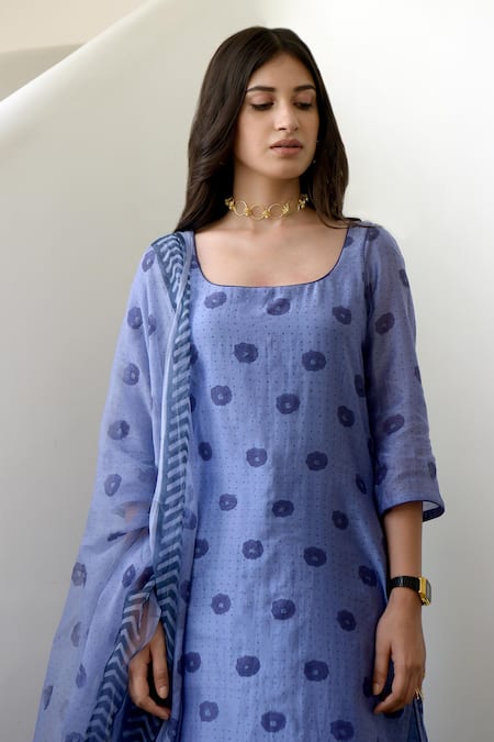 Buy_Taro_Blue Kurta And Pant Handwoven Chanderi Silk Embroidery Scoop Neck Set _Online_at_Aza_Fashions
