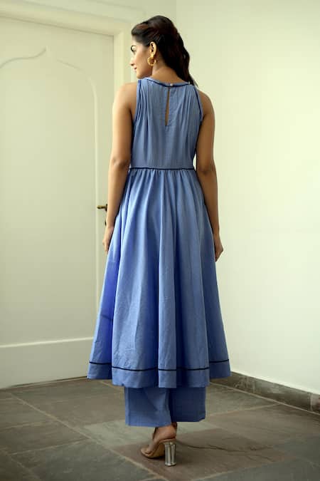 Shop_Taro_Blue Anarkali And Pant Handwoven Cotton, Dupatta Chiffon Round Set _at_Aza_Fashions