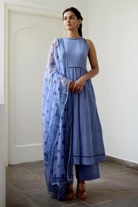 Taro_Blue Anarkali And Pant Handwoven Cotton, Dupatta Chiffon Round Set _Online_at_Aza_Fashions