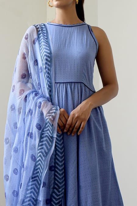 Shop_Taro_Blue Anarkali And Pant Handwoven Cotton, Dupatta Chiffon Round Set _Online_at_Aza_Fashions