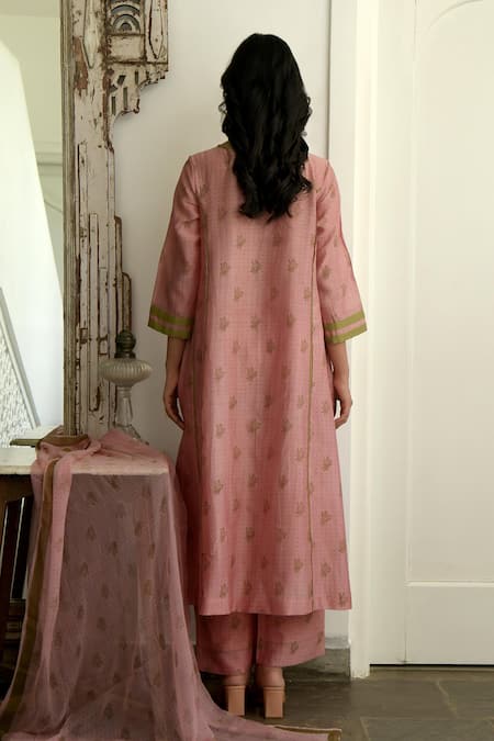Shop_Taro_Pink Kurta And Pant Handwoven Chanderi Silk Embroidery Keyhole Set _at_Aza_Fashions