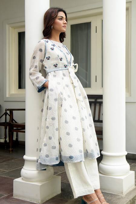 Taro_White Handwoven Cotton Round Kurta With Jacket_Online_at_Aza_Fashions