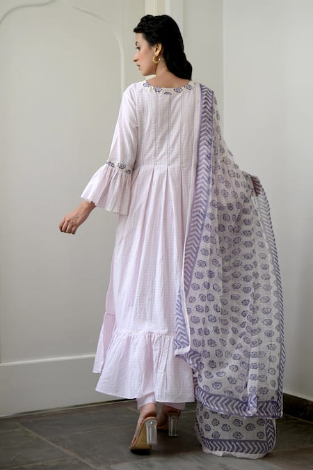 Shop Taro Pink Anarkali And Pant Handwoven Cotton, Dupatta Chiffon V Neck Set at Aza Fashions Shop_Taro_Pink Anarkali And Pant Handwoven Cotton, Dupatta Chiffon V Neck Set _at_Aza_Fashions