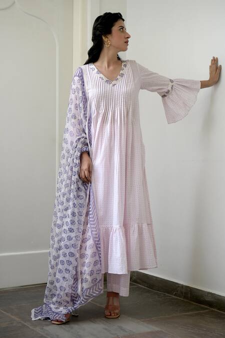 Taro Pink Anarkali And Pant Handwoven Cotton, Dupatta Chiffon V Neck Set Online at Aza Fashions Taro_Pink Anarkali And Pant Handwoven Cotton, Dupatta Chiffon V Neck Set _Online_at_Aza_Fashions