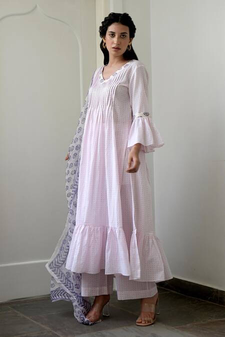 Buy Taro Pink Anarkali And Pant Handwoven Cotton, Dupatta Chiffon V Neck Set Online at Aza Fashions Buy_Taro_Pink Anarkali And Pant Handwoven Cotton, Dupatta Chiffon V Neck Set _Online_at_Aza_Fashions