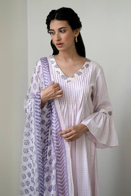 Shop Taro Pink Anarkali And Pant Handwoven Cotton, Dupatta Chiffon V Neck Set Online at Aza Fashions Shop_Taro_Pink Anarkali And Pant Handwoven Cotton, Dupatta Chiffon V Neck Set _Online_at_Aza_Fashions