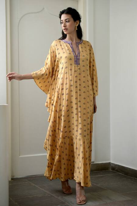 Taro_Yellow Modal Silk Notched Floral Print Kaftan Tunic_Online_at_Aza_Fashions
