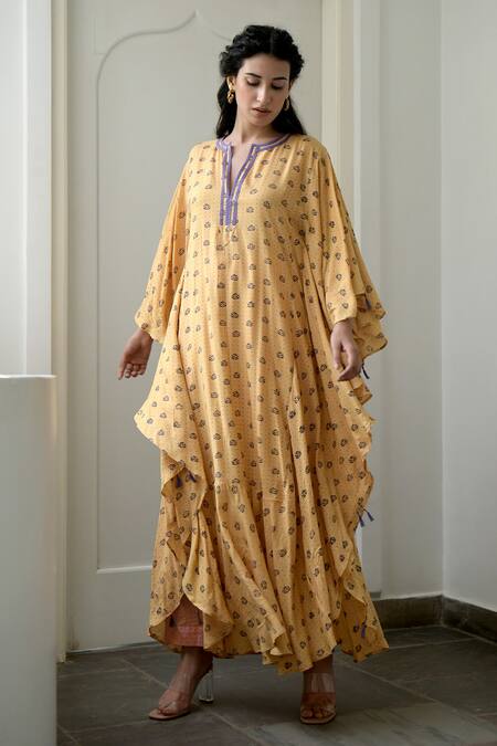 Buy_Taro_Yellow Modal Silk Notched Floral Print Kaftan Tunic_Online_at_Aza_Fashions